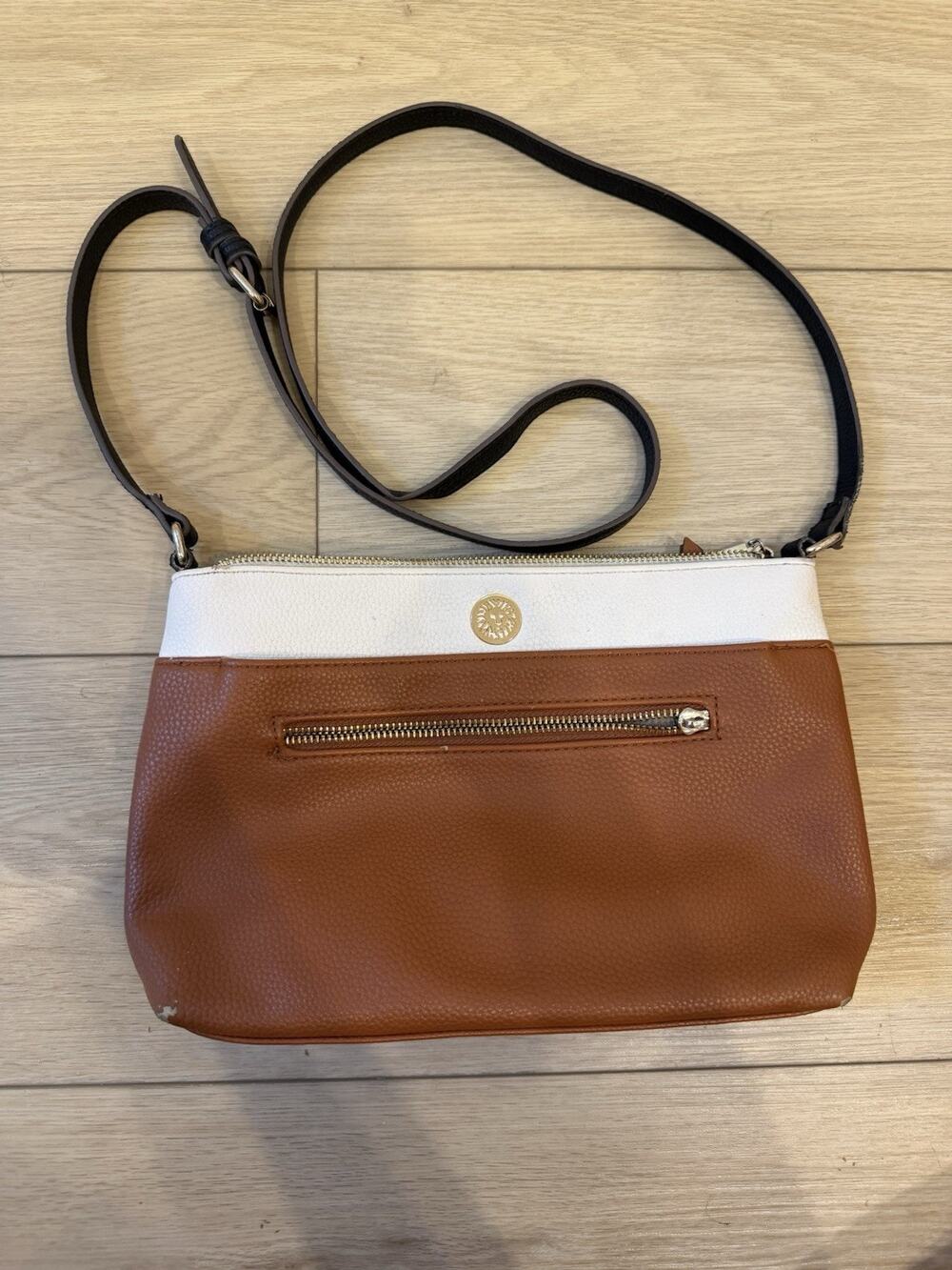 Anne Klein Brown White Shoulder Bag Logo Zipper Accents Gold Hardware